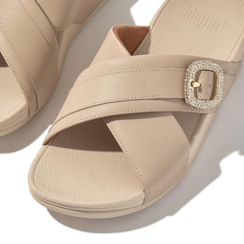 Image of FitFlop Lulu Crystal-Buckle Leather Cross Slides