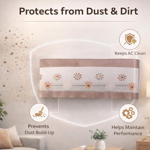 Image of Cotton Net Split AC Cover Indoor Unit for 1.5 Ton Capacity AC, Premium Work Indoor AC Dust Protection Cover Designer Summer Ac Cover for 1.5 Ton Ac (38 X 15.35 X 7.8 inch, Brown Flower)