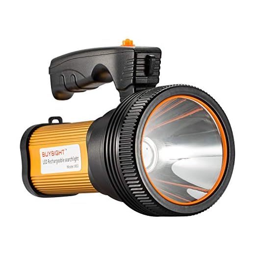 BUYSIGHT Bright Rechargeable Searchlight Handheld LED Flashlight Tactical Flashlight with Handle CREE L2 Spotlight 6100 Lumens Ultra-Long Standby Electric Torch with USB Output (Golden)