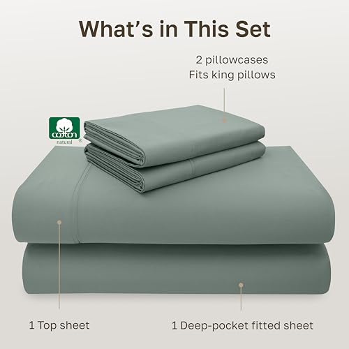 Image of California Design Den Luxury King Size Sheet Set - 100% Cotton, 600 Thread Count Deep Pocket King Sheets, Hotel-Quality Bedding with Sateen Weave (Sage Green - Cool Tone)