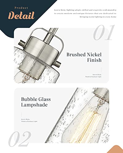 Ken & Ricky Brushed Nickel Hanging Pendant Light, Seeded Glass Pendant Light Fixtures, Kitchen Island Lighting For Entryway Dinning Room Bathroom Bedroom - 2 Pack #TOP3