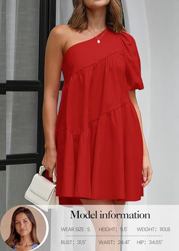 Image of KIRUNDO Summer One Shoulder Mini Baby Doll Dresses Women 2026 Casual Puff Sleeve Loose Tiered A Line Flowy Short Dress