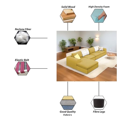 Image of Koza LHS 6 Seater L Shape Sofa Set for Living Room (Yellow Fabric) Premium Fabric Sofa