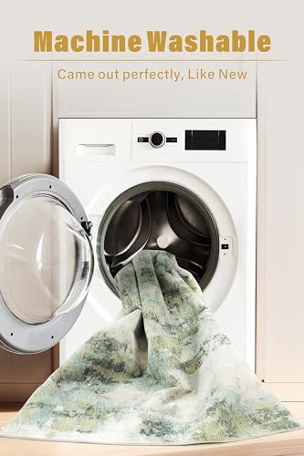 Carvapet 3 x 5 Rugs for Living Room, 36"x60" Green Modern Abstract Low Pile Carpet with Rubber Backing, Foldable, Non Slip Machine Washable (5 x 3 Feet Rectangular, Sage Green Area Rug)