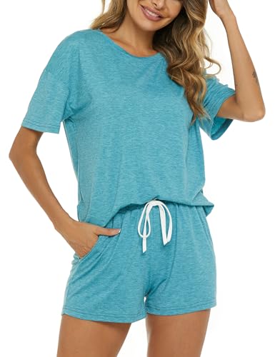 Image of LOCUBE Women's Pajama Set Soft Comfy 2-Piece Short Sleeve Lounge Sleepwear with Drawstring Shorts and Pockets