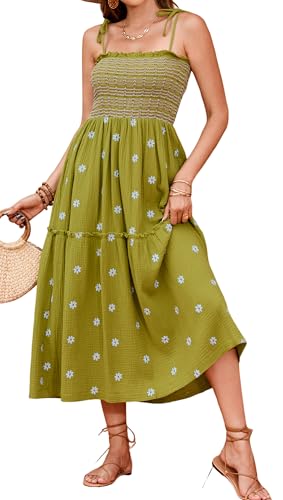 Image of R.Vivimos Womens Summer Cotton Boho Midi Dress 2026 Spaghetti Strap Floral Embroidered Smocked Tiered Flowy Long Dresses