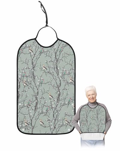Green Birds Branches Adult Bib for Eating with Crumb Catcher,Retro Farmhouse Garden Leaves Washable & Waterproof Terry Cloth Adjustable Elderly Women Men Adult Bibs Funny Apron Clothing Protector