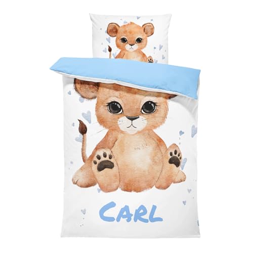 Pictogogo Personalisierte Baby Bettwäsche mit Löwe 80x80 cm, Wählbare Unterfarbe aus Baumwolle, Kinderbettwäsche Mit Namen, Babybett Komplett Set Mit Reißverschluss (Löwe, 80 x 80 cm)