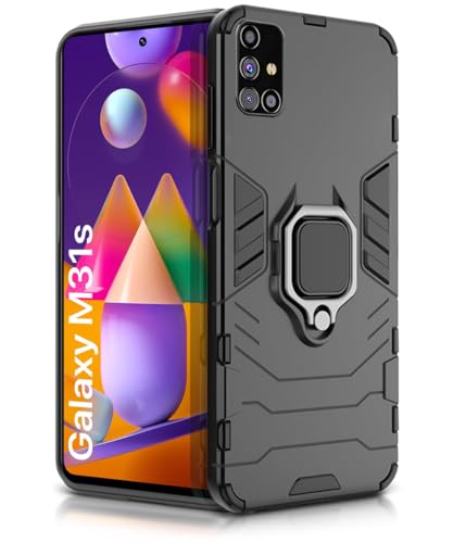 Image of WOW IMAGINE Shock Proof Back Case Mobile Cover for Samsung Galaxy M31s (Armor | Hybrid PC + TPU | Full Protection with Ring Holder Kickstand | Carbon Black)