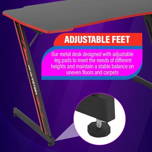 Image of 47 Inch Modern Gaming Desk for Home Office, Z Shaped Computer Desk for Teen, Large PC Gaming Table Adjustable Feet with Headphone Hook & PVC Surface