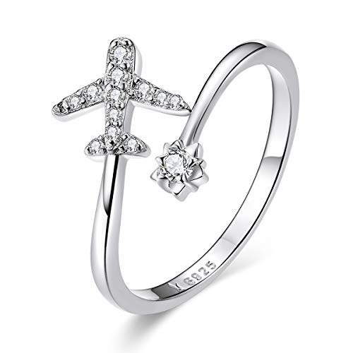 CZ Airplane Open Statement Rings S925 Sterling Silver for Women Crystal Diamond Travel Souvenir Adjustable Wrap Cuff Eternity Promise Engagement Ring Finger Band Dainty Jewelry Gifts
