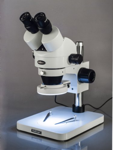 Image of AmScope SM-1BSZZ-144S Professional Binocular Stereo Zoom Microscope, WH10x and WH20x Eyepieces, 3.5x-180x Magnification, 0.7X-4.5X Zoom Objective, 144-Bulb LED Ring Light, Pillar Stand, 110V-240V, Includes 0.5x and 2.0x Barlow Lenses