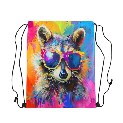 Cute Raccoon Drawstring Backpack,Colorful Pigment Tie Dye Animals Waterproof Sports Gym Bag,Watercolor Cartoon Raccoon Modern Art Large Capacity for Travelling,Swimming,Beach