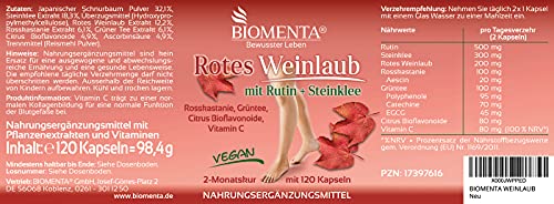 BIOMENTA Rotes Weinlaub – mit Rutin + Steinklee + Rosskastanie + Grüntee + Citrus Bioflavonoide + Vitamin C – vegan… - Image 3