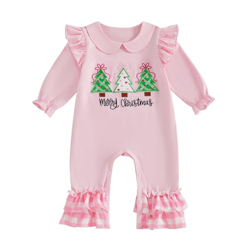 Newborn Baby Girl Christmas Tree Outfit Long Sleeve Romper Flared Pants Jumpsuit Smocked Collared Clothes