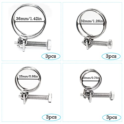 GIAK Double Wire Hose Clips Adjustable 304 Stainless Steel Hose Clamps 12PCS Double Wire Pond Hose Clips 4 Sizes Plumbing Fastener for 20 mm 25 mm 32 mm 36 mm Pipeline