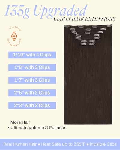 Image of Full Shine Dark Brown Thick Clip in Hair Extensions, 16 Inch 135g 7Pcs | Remy Human Hair Triple Weft Clip Ins for Natural Volume, Lightweight Comfort, Everyday Wear, Fine to Medium Hair