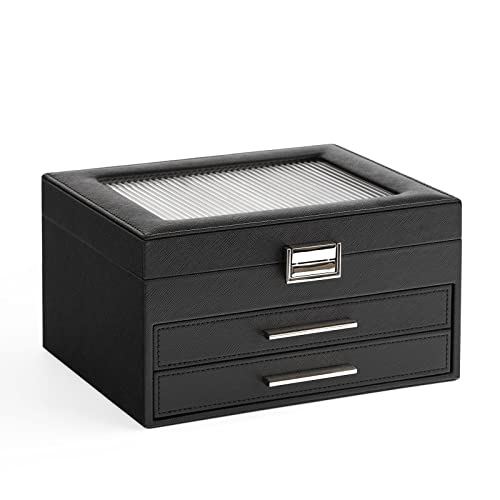 Meerveil Boîte à Bijoux à 4 Couches, Grande Coffret à Bijoux avec Verre Changhong, Plaque à Colliers, Fenêtre d'Affichage Supérieure, Compartiments de Rangement, Bracelets, Montres, Cuir PU, Noir Cover