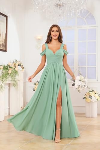 Off The Shoulder Bridesmaid Dresses for Women Long Chiffon A-Line Formal Evening Dress with Slit3