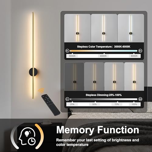 Image of Battery Operated Modern Wall Sconce Set of Two,Rechargeable Wireless Wall Lights with Remote Control,Dimmable,3 CCT,Cordless Lighting Fixtures for Bedroom,Living Room,Hallway,39.3 Inch,Black Gold