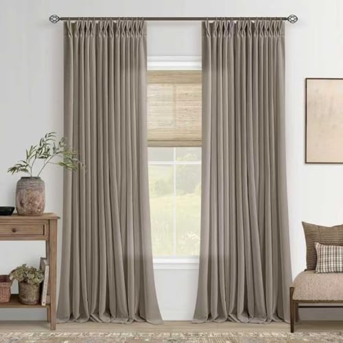 Image of Taupe Pinch Pleat Semi Sheer Linen Curtain 80 Inch Long for Bedroom
