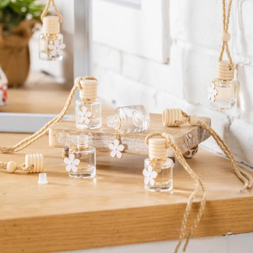 Image of 30 Pieces 8ml Hanging Car Air Freshener Diffuser with Daisy Flower Pendant Empty Glass Perfume Bottle Perfume Refillable Essential Oil Aromatherapy Vials with Wooden Caps Hanging String