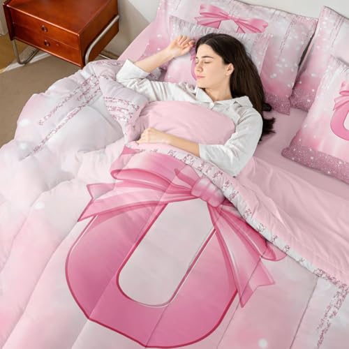 Image of Feelyou Boys Girls Pink Bowknot 7 Pieces Bedding Set Twin Size, Personalized Initial U Comforter Set with Sheets Princess Glitter Bed in A Bag Kids Bow Monogrammed Teens Bed Set Bedroom Decor 7Pcs