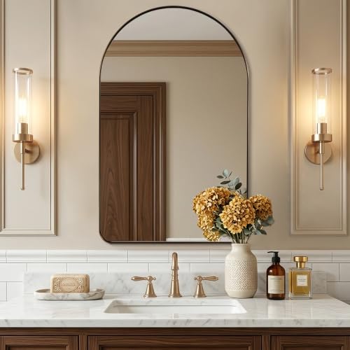 Image of ANDY STAR 24x38 Inch Brushed Champagne Bronze Arched Bathroom Mirror | Stainless Steel Metal Frame, HD Glass, Arch Top Rounded Corner 1 Inch Deep Set Design Wall Mount for Bathroom, Bedroom