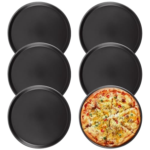 APACALI 6 Stück Pizzablech Rund 30 cm, Pizzablech Rund, Antihaftbeschichtung Pizzapfanne aus Karbonstahl, Schwarz Pizzateller, Pizza Backblech für Pizza Käsekuchen