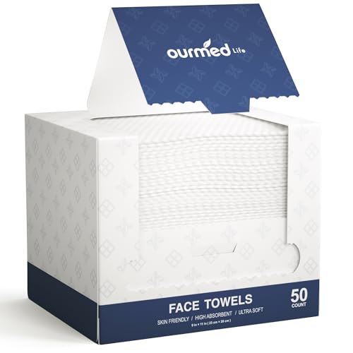 Ourmed Life Biodegradable Face Towels Disposable Face Towel Ultra-Soft Facial Towelettes Lint-Free Dry Wipes for Sensitive Skin Ideal for Makeup Removal & Skincare (50 Count 1 Pack 11×9)