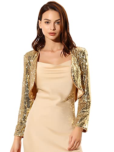 Allegra K Veste à paillettes pour femmes à manches longues et à devant ouvert cardigan court boléro haussement d'épaules Or L