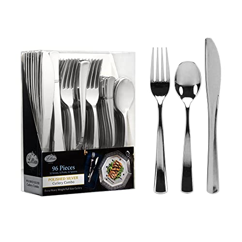 Plastic Cutlery Silverware Extra Heavyweight Disposable Flatware, Full Size Cutlery Combo, 32 Forks, 32 Knifes, 32 Spoons, Value Pack 96 Count