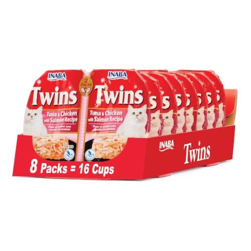 Image of INABA Twins for Cats, Shredded Chicken & Broth Gelee Side Dish /Topper Cups with Green Tea Extract, 1.23 Ounces per Serving, 16 Servings, Tuna & Chicken with Salmon Recipe
