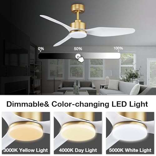 Image of Hoenofly 48 Inch Smart Ceiling Fans with Lights and Remote Control,Dimmable LED Light,Outdoor Indoor Gold White Ceiling Fan,Quiet DC Motor,WIFI Alexa App Workable,for Modern Bedroom Living Room Patio