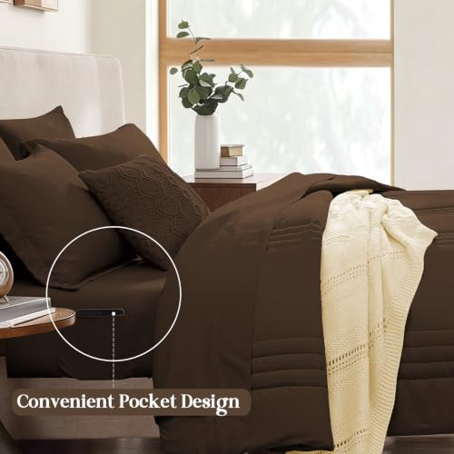Image of Monbix Full Comforter Set - 7 Pieces Chocolate Brown Bed in a Bag Full Size Bedding Sets with Comforters, All Seasons Comforter with Sheets, Pillowcases & Shams