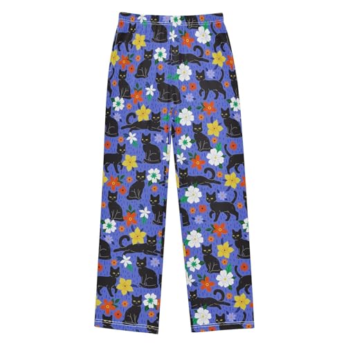 Boys' Pants Cute Black Cat Flower Long Bottoms Jogger Pants Elastic Waist Trousers with Pockets S-XL
