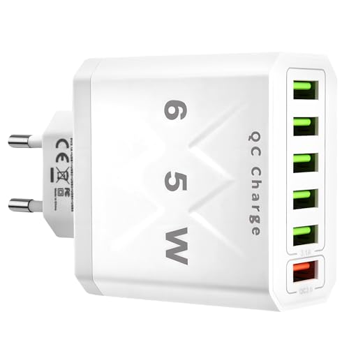 65W Chargeur USB Multiple 6Ports Rapide Multi Secteur Technologie QC 3.0 Smart Prise USB Multiple Fast Charger Universel Adaptateur Compatible avec iPhone 16...