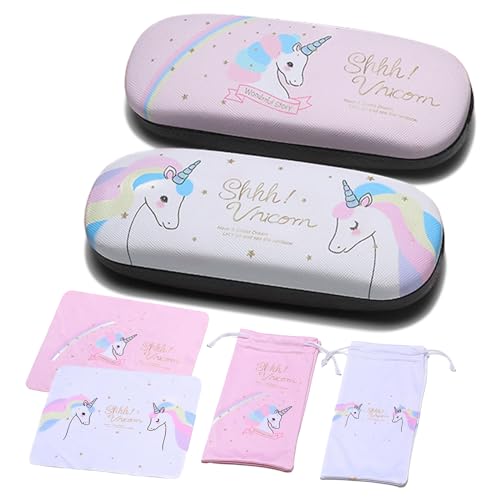 Guador Estuches para Gafas, Unicornio Caja Portátil Dura con Funda Rígida, Estuche Protector con Bolsa y Tela, 2 Sets (Rosa + Blanco)