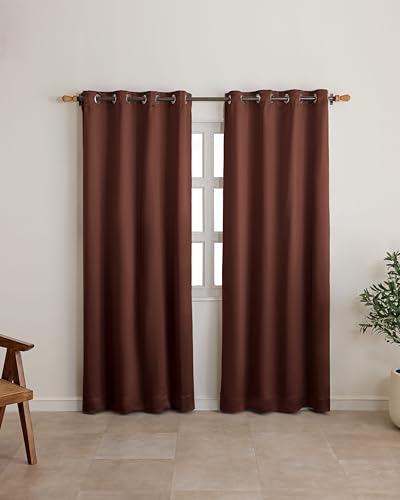 Image of The Home Story Espresso Brown Blackout Eyelet Window Curtains Set of 2, (5 Feet) 54 x 60 Inches, Room Darkening & Noise Reduction Curtains with Tiebacks