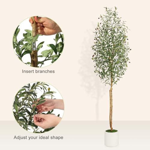 GarveeHome Faux Olive Tree 7ft,Tall Artificial Tree Indoor with 2 Natural Wood Trunks, Fake Plants Potted in White Planter, Floor Plants for Living Room House Decor,1PCS