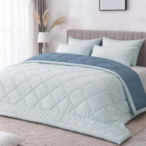 Image of King Size Comforter for Double Bed, 220 GSM Soft Microfiber AC Blanket, All Season Lightweight Reversible Bed Quilt, Premium Bedding, 90 x 100 Inch, Blue-Light Blue