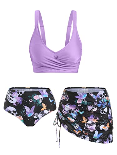 DRESSFO Women's High Waisted Bikini Sets with Cover Up Skirt 3 Piece Gothic Skull Swimsuit Padded Tummy Control Bathing Suit