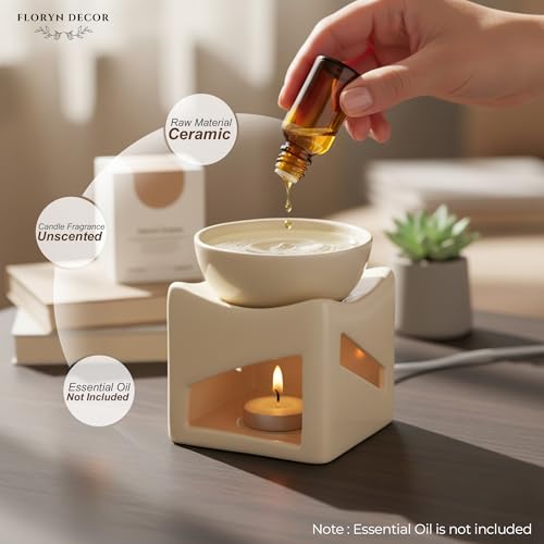 Image of Floryn Decor Ceramic Oil Burner Diffuser for Home & Office | Aroma Oil Burner with Tealight Candle | Ceramic Fragrance Diffuser for Aromatherapy, Relaxation & Home Decor (100ml) (Cream)
