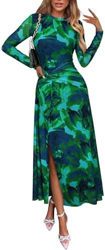 ECOWISH Long Sleeve Midi Formal Dress Women Fall Ruched Bodycon Party Cocktail Club Mesh Dresses Crewneck Floral Tie Dye Slit