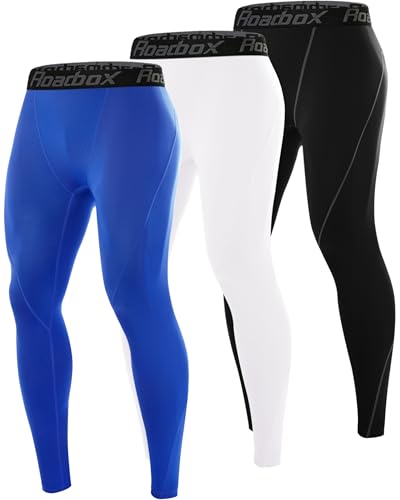 Roadbox 3 Pack Compression Pants Men, Performance Running Workout Sports Leggings, Gym Basketball Athletic Tights Base Layer