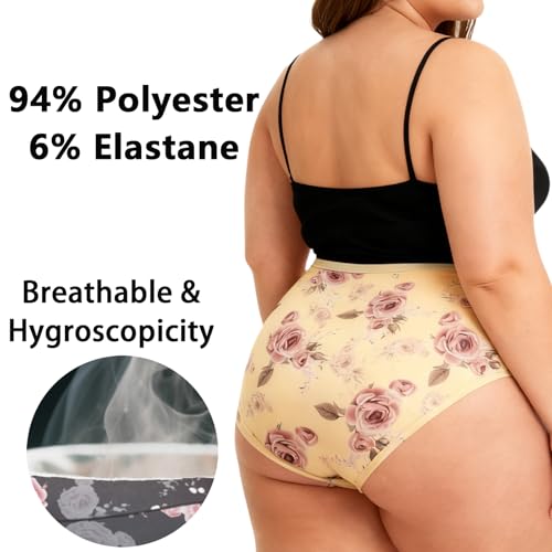 Image of Womens Underwear XL-5XL Plus Size Ladies Panties Mid High Waist Briefs for Woman Floral Print Pantys 6-Pack