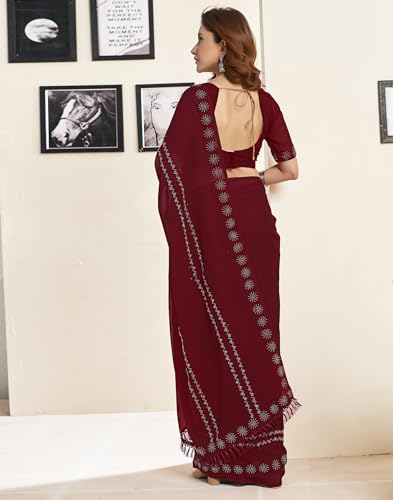 Image of SIRIL Women's Georgette Stone Work Saree With Unstitched Blouse Piece