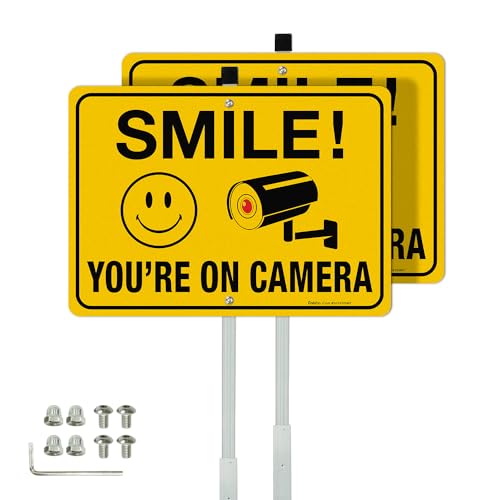 Faittoo Smile Your On Camera Signs with 36 Stake for Outside 2-Pack 14x10 Rust Free Heavy Aluminum Reflective Fade Resistant 2 pre-drilled holes Includes Matching Screws & Wrench