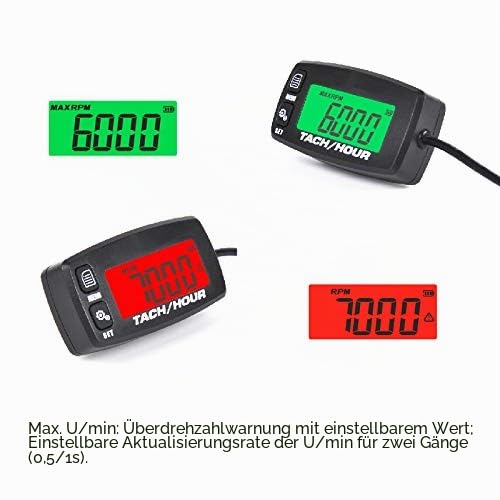 NInE-ROnG Betriebsstundenzähler Drehzahlmesser für Mäher Generator | Gesamtstunden, JOB-Timer, Service-Countdown, RPM und Max-Speicher, 8 Zündmuster, für Mäher, Außenborder, ATV