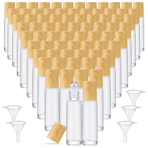 Image of Sumind 150 Pcs Essential Oil Roller Bottles 10 ml Glass Roller Bottles with Stainless Steel Roller Balls Empty Bottles Leak Proof Roll on Bottles with 5 Funnel for Travel Essential Oil (Clear, Wood)